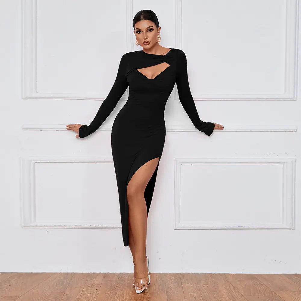 Women's Cutout Long Sleeve High Slit Party Dress