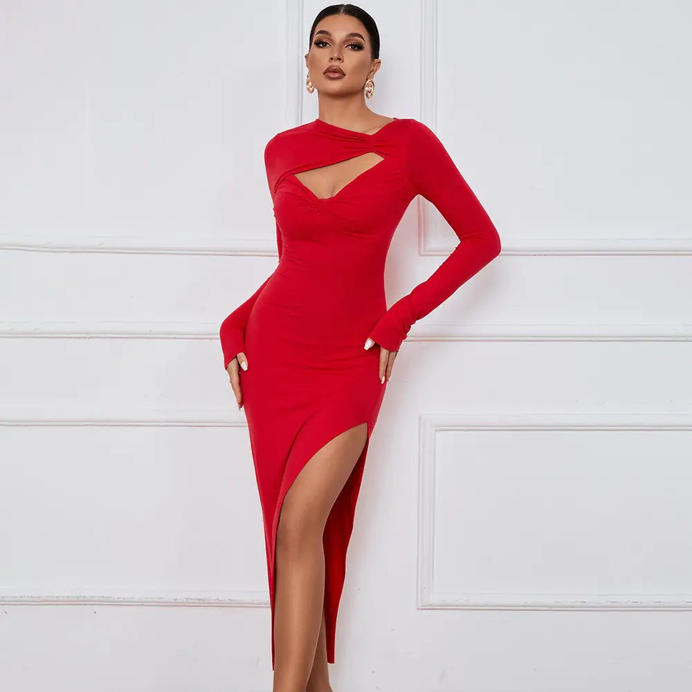 Women's Cutout Long Sleeve High Slit Party Dress
