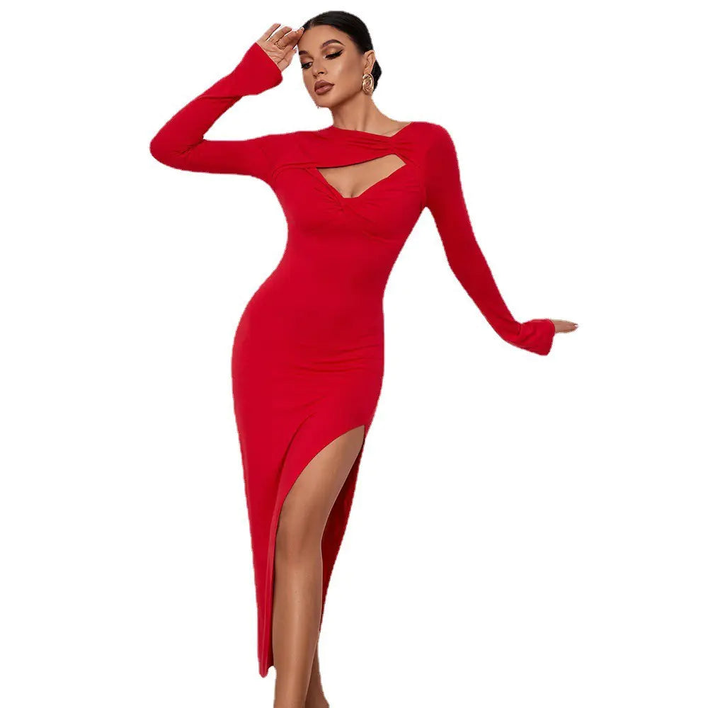Women's Cutout Long Sleeve High Slit Party Dress