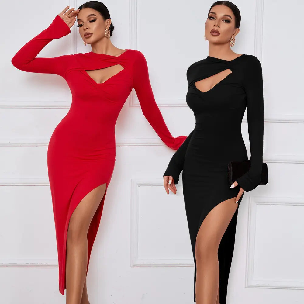 Women's Cutout Long Sleeve High Slit Party Dress