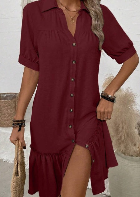 LUNE Solid Color Turn-Down Collar Button Up Dress With Ruffle Hem