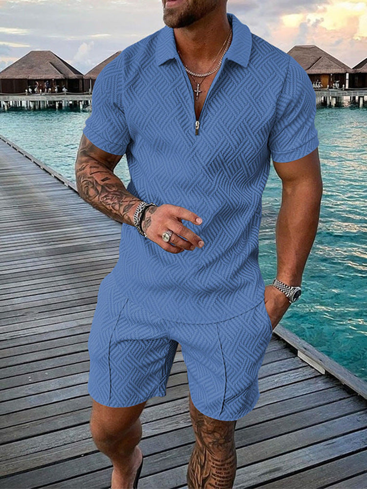 New Men's Lapel Short Sleeve Pullover Leisure Printed Polo Shirt Suit