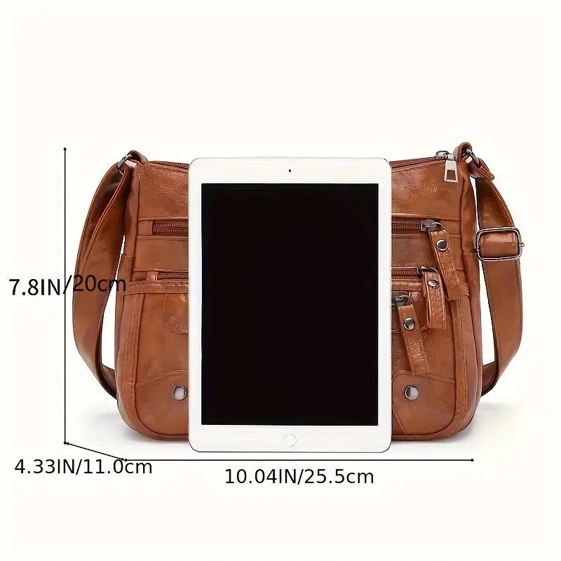 Women Shoulder Bag Large Capacity Washed Leather Messenger Bags Multi Zipper