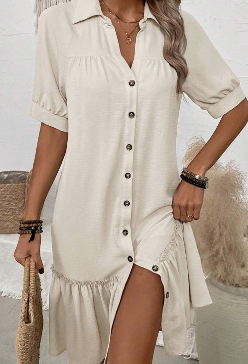 LUNE Solid Color Turn-Down Collar Button Up Dress With Ruffle Hem