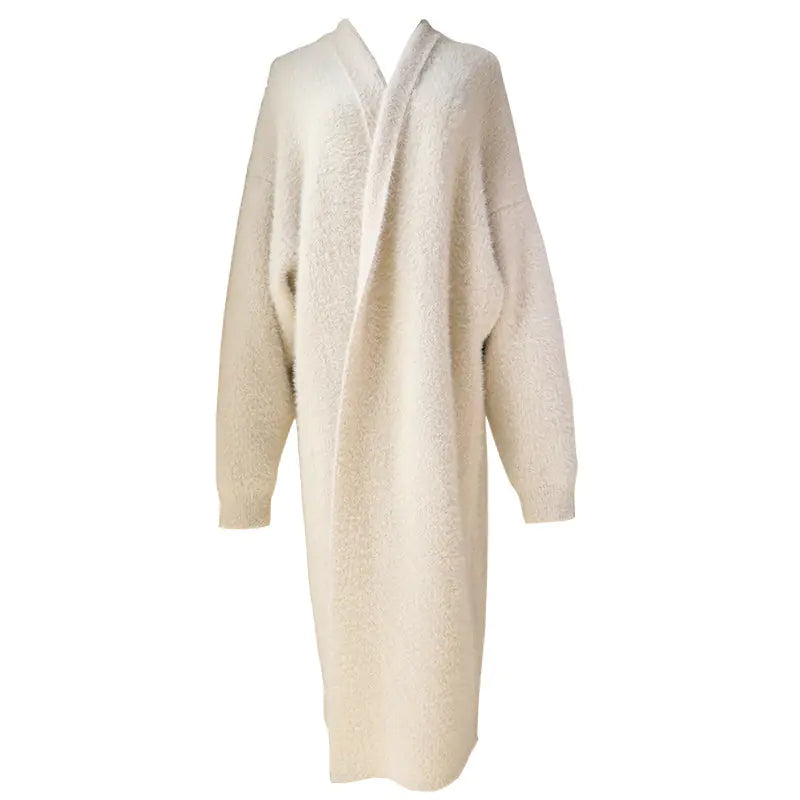 Elegant Long White Thick Mink Fur Knit Cardigan for Women