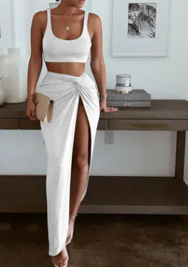 New Women's High-Slit Long Dress Set with Tank Top