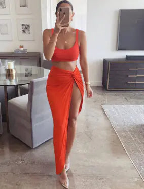 New Women's High-Slit Long Dress Set with Tank Top