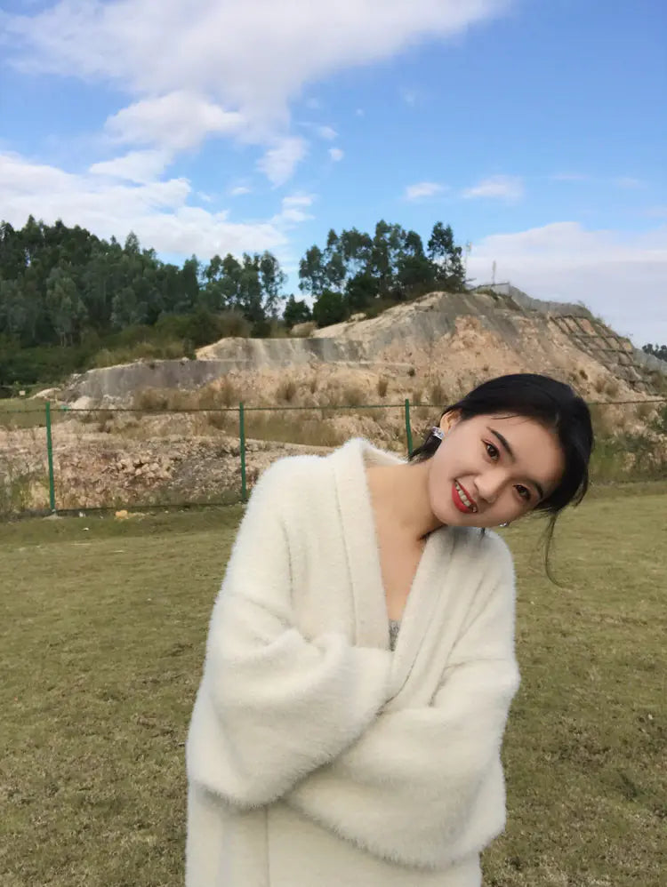Elegant Long White Thick Mink Fur Knit Cardigan for Women