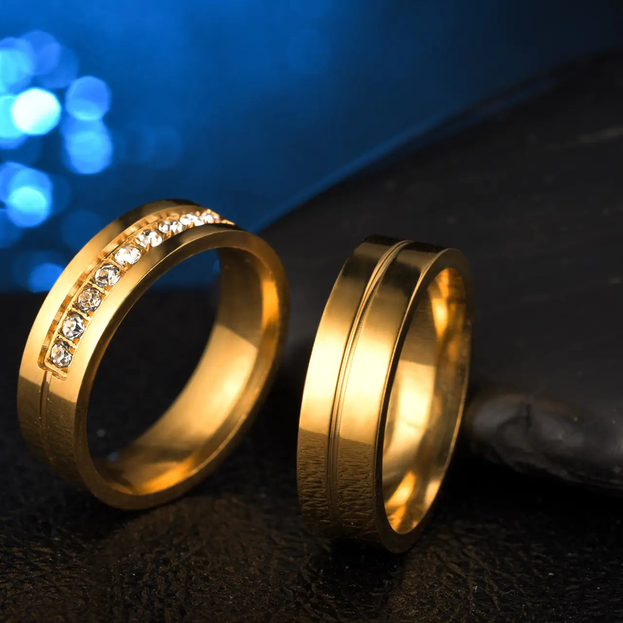 Stainless Steel Diamond Couple Ring - European & American