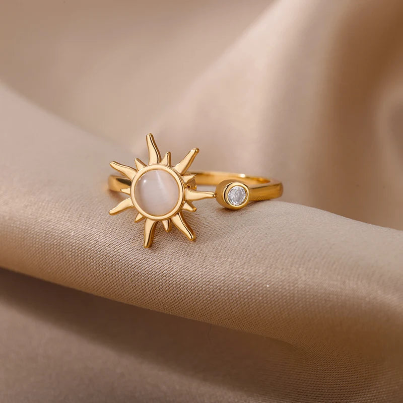 Rotating Sun Opal Ring For Women Stainless Steel Retro Charm
