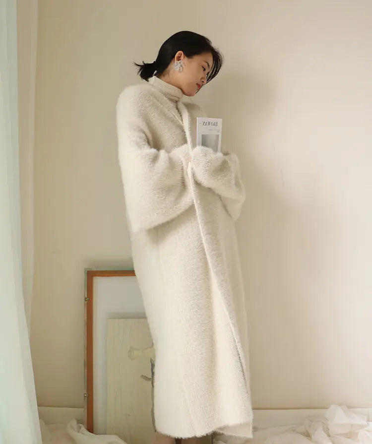 Elegant Long White Thick Mink Fur Knit Cardigan for Women
