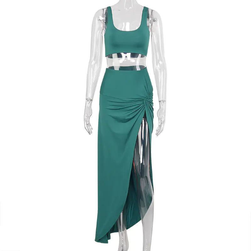 New Women's High-Slit Long Dress Set with Tank Top