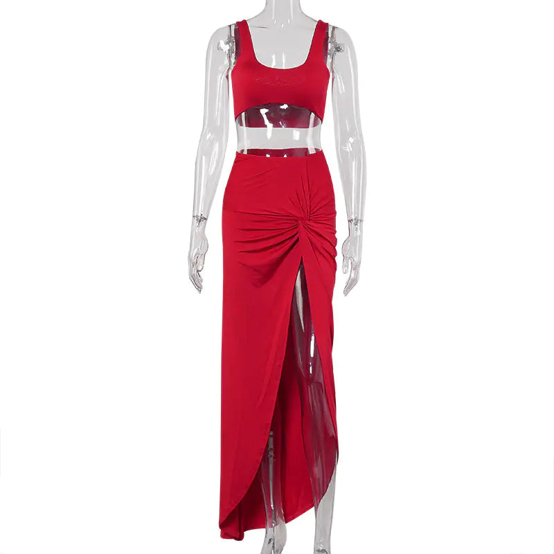 New Women's High-Slit Long Dress Set with Tank Top