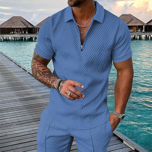 New Men's Lapel Short Sleeve Pullover Leisure Printed Polo Shirt Suit