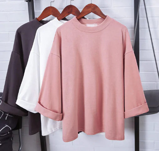 New Women's Loose Fit Solid Color T-Shirt (7/8 Sleeve)