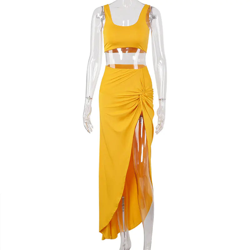 New Women's High-Slit Long Dress Set with Tank Top