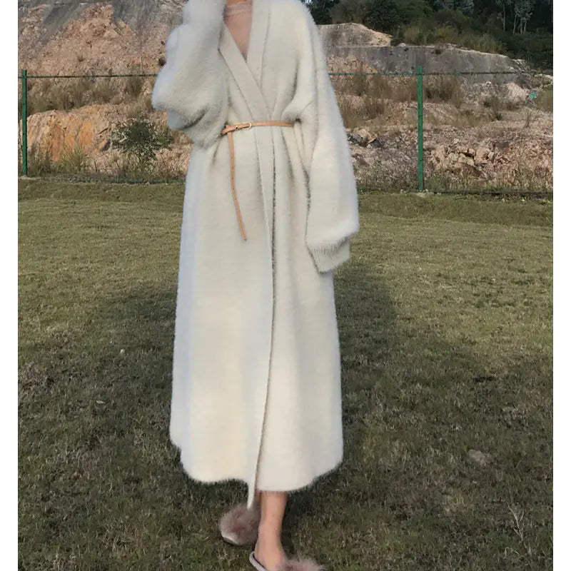 Elegant Long White Thick Mink Fur Knit Cardigan for Women