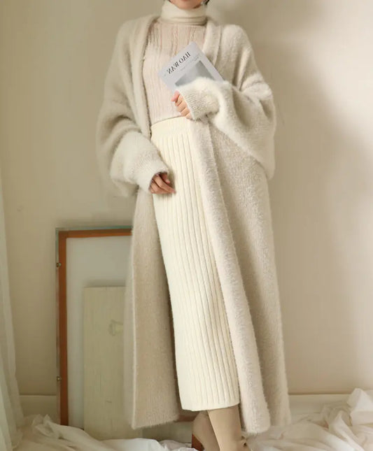 Elegant Long White Thick Mink Fur Knit Cardigan for Women