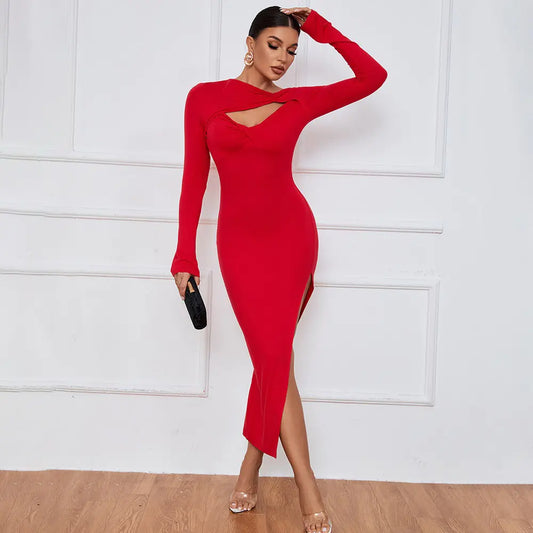Women's Cutout Long Sleeve High Slit Party Dress